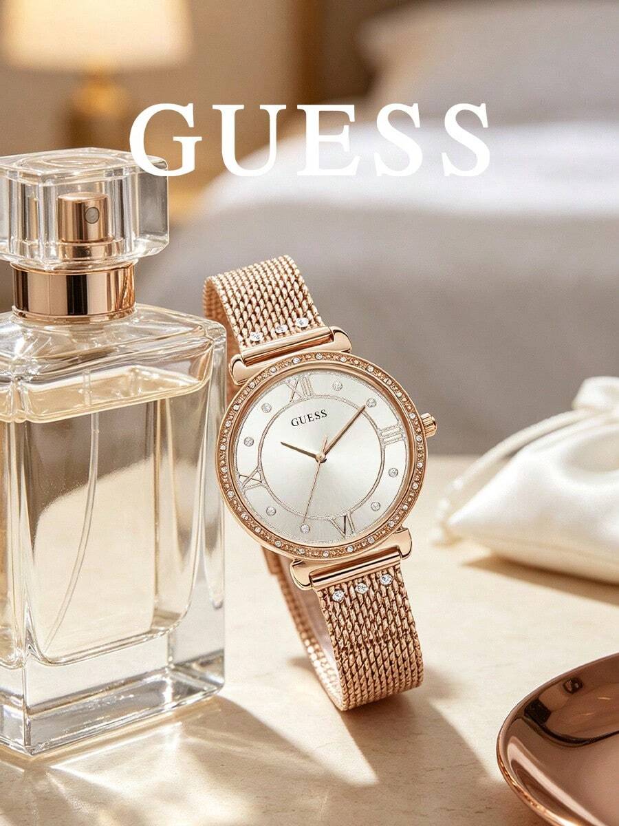 GUESS Rose Gold Mesh Strap Watch For Women, Crystal Paved Bezel Roman Numeral Dial Quartz Wristwatch - White - View 1