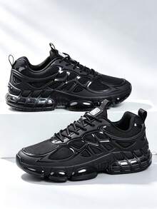 2026 Latest Plus Size Men's Sneakers, Thick Sole Elevated Chunky Sneakers, Solid Black Color, Shock Absorbing Lightweight Outdoor Running Shoes, Lace-Up Classic Marathon Running Shoes, Youth Street Fashion Basketball Shoes - Black - View 12