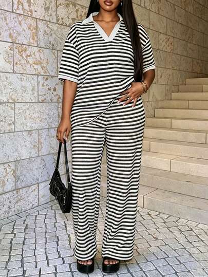 Plus Size Women's Striped 2-Piece Set Summer Casual Vacation Hollow Knit Short Sleeve Top + High Waist Wide Leg Pants Outfit, Spring/Autumn Holiday Wear