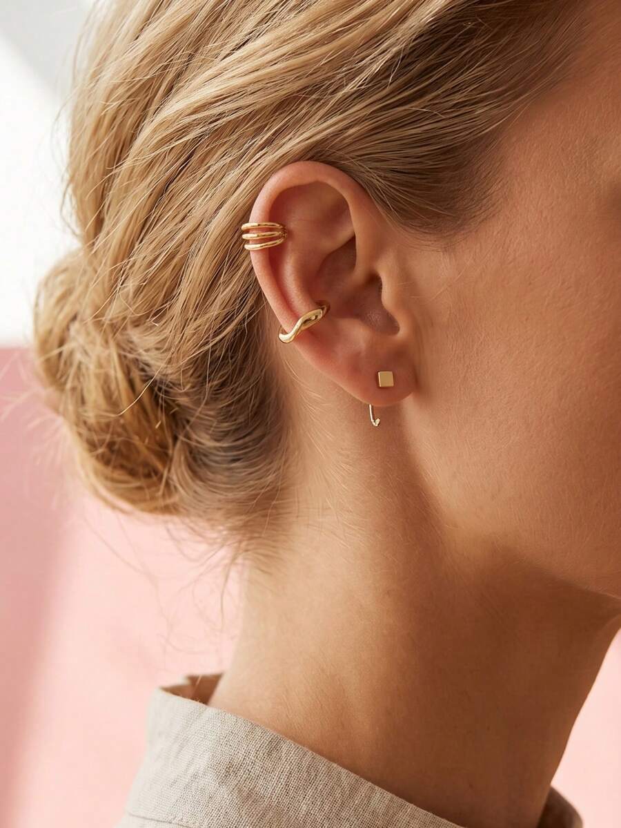 3pcs Luxury Zirconia Ear Cuff Set, Featuring Exquisite Star And Heart Geometric Design - Yellow Gold - View 1