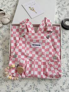 Baby Girls Pink & White Checkered Overalls, Adjustable Shoulder Straps, Cargo Pockets, Loose Casual Long Pants - Pink - View 9