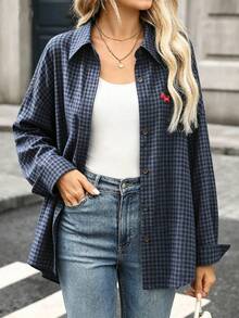 Women's Autumn Fashion Versatile Plaid Single-Breasted Long Sleeve Patchwork Shirt - Dark Blue - View 1