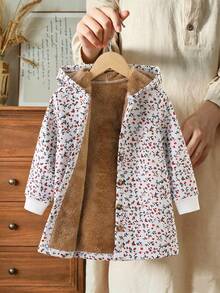 Young Girl Floral Hooded Jacket, Thermal Lined Thickened Full Print Ditsy Floral Single-Breasted Ribbed Cuffs Mid-Length Warm Top, Late Autumn/Winter - Multicolor - View 3