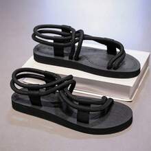 Elastic Woven Rope Toe Strap Roman Men's Sandals, Thin Sole, Anti-Slip, Street, Commute, Versatile, Outdoor, Beach Shoes - Black - View 3