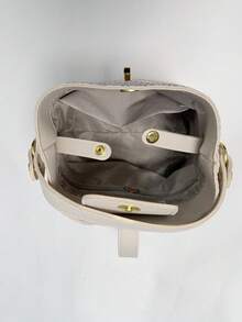 Woven PU Bucket Bag, Handheld & Shoulder Carry, Cream White Delicate Embossed Woven Small Bucket Bag, All-Season Bestseller, Suitable For Office Commute, Shopping, Gentle Date, Short Trip, Afternoon Tea, Store Visit, Targeted At 18-40 White-Collar, Moms, Students, Teachers, Fresh Girls, Metal Rotating Lock, Detachable & Adjustable Wide Crossbody Strap, Simple & Gentle Style Gift Everyday Bag - White - View 6