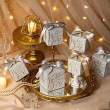 2/4pcs-Shimmering Silver/Champagne Gold Wedding Favor Boxes (Accessories Included) – Mini Square Candy Gift Boxes; Featuring Satin Ribbon, Suitable For Wedding Reception Table Decor, Bridal Showers, And Engagement Parties. - Multiple Styles - View 6