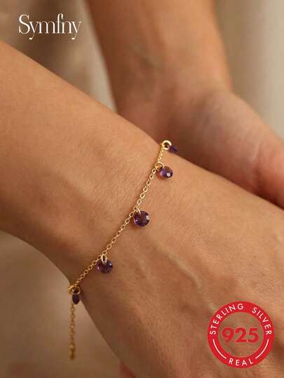 SYMFNY Vòng tay bạc Sterling 925 đính đá CZ tím, charm treo đá Cubic Zirconia tím tròn phong cách tối giản, dây xích mảnh, trang sức quà tặng cho nữ