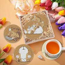8pcs/Set Animal Cat Pattern Diamond Painting Coaster Set, Sparkling Rhinestone Heat-Resistant Beverage Mat With Holder, DIY Coaster For Beginners, Diamond Kit Craft Supplies, Artificial Diamond Art Craft Supplies Gift - Animal Patterns - View 7