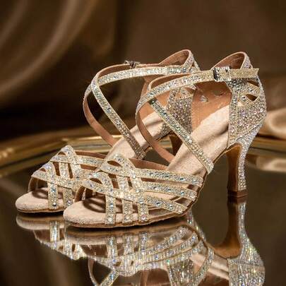 Gold Latin Dance Shoes For Women, High Heel Dance Shoes, Fabric Rhinestone Dance Shoes, Party All-Season Performance Dance Shoes 7.5cm