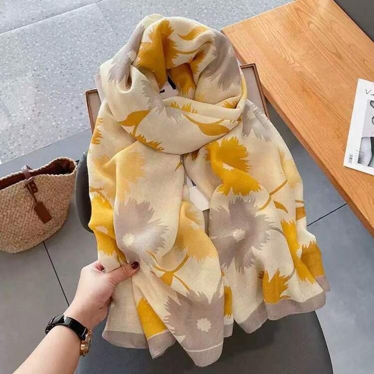 1件女款優雅花卉印花仿絲輕量透氣多用途披肩圍巾頭巾，適合春夏旅行、攝影、約會、送禮，超薄款 - 黃色 - 查看 5