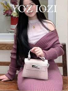 Sweet Cool Y2K High-End Lock Design Crocodile Embossed Small Square Bag Versatile Shoulder Crossbody Handbag - Pink - View 1