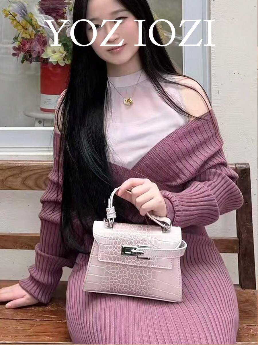 Sweet Cool Y2K High-End Lock Design Crocodile Embossed Small Square Bag Versatile Shoulder Crossbody Handbag - Pink - View 1