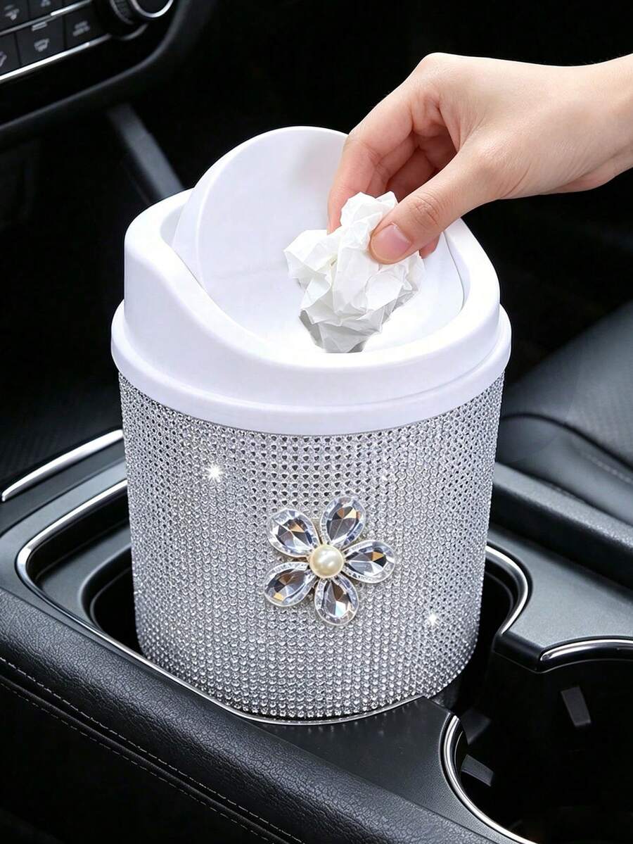 1pc Mini Desktop Storage/Car Trash Can With Lid, Makeup Brush Holder; Exquisite Home Decor; Stationery Storage; Decorated With Diamond Flower; Luxury Diamond Desktop Storage; Cylindrical Trash Can, Suitable For Home, Office, Kitchen, Bedroom, Dressing Table. Home Decor, Dressing Table And Other Daily Necessities, Back To School Season Must-Have. Camping Must-Have - Multicolor - View 1