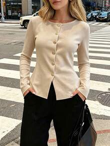 女款復古時尚金屬鈕扣前開襟純色圓領針織開襟衫，修身簡約優雅休閒毛衣，秋冬款 - 卡其色 - 查看 2