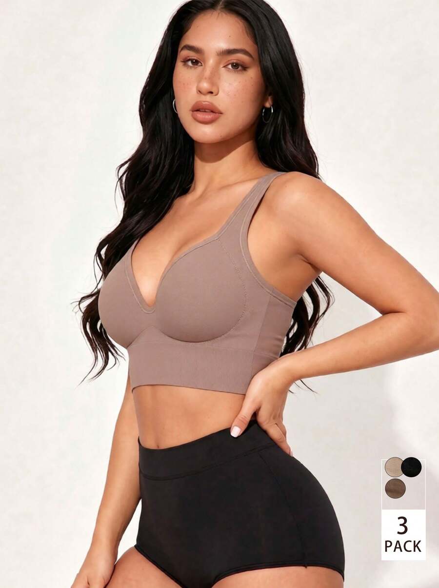 3pcs/Set Women's Solid Color Seamless Elegant Wireless Bra Set, Includes Bra, Sports Bra, And Panties, Suitable For Christmas - Multicolor - View 1