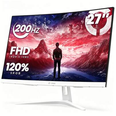 Monitor curvo gaming CRUA 27 pulgadas, panel VA 1800R, FHD 1080P, 165Hz/200Hz, 120% sRGB. AMD FreeSync, filtro luz azul, DisplayPort. Montable en pared, blanco y negro. Ideal para juegos, streaming y trabajo en casa, oficina y dormitorios; regalo práctico, varios tamaños.