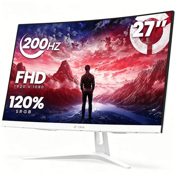 CRUA 27 Zoll gebogener Gaming Monitor, 1800R VA, FHD 1080P, 165Hz/200Hz, 120% sRGB. Ausgestattet mit AMD FreeSync, Blaulichtfilter und DP-Anschluss. Wandmontierbar, erhältlich in Schwarz und Weiß. Geeignet für Gaming, Streaming und Arbeit zu Hause, im Büro oder Studentenwohnheim; praktisches Geschenk, verschiedene Größen verfügbar.
