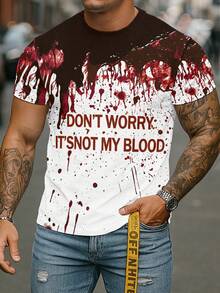 Men's Burgundy & White Blood Splatter Gradient Print Short Sleeve T-Shirt, Customizable Text Design With Blood Effect, Personalized Top - Multicolor - View 4