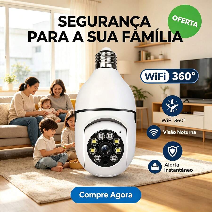 Câmera de Segurança Inteligente em Formato de Lâmpada com Interface E27 WiFi, Visão Noturna Colorida, Detecção de Movimento e Intercomunicador Bidirecional, Lente Grande Angular com Transmissão em Tempo Real, Ideal para Monitoramento Remoto de Ambientes Internos, Varandas e Pets
