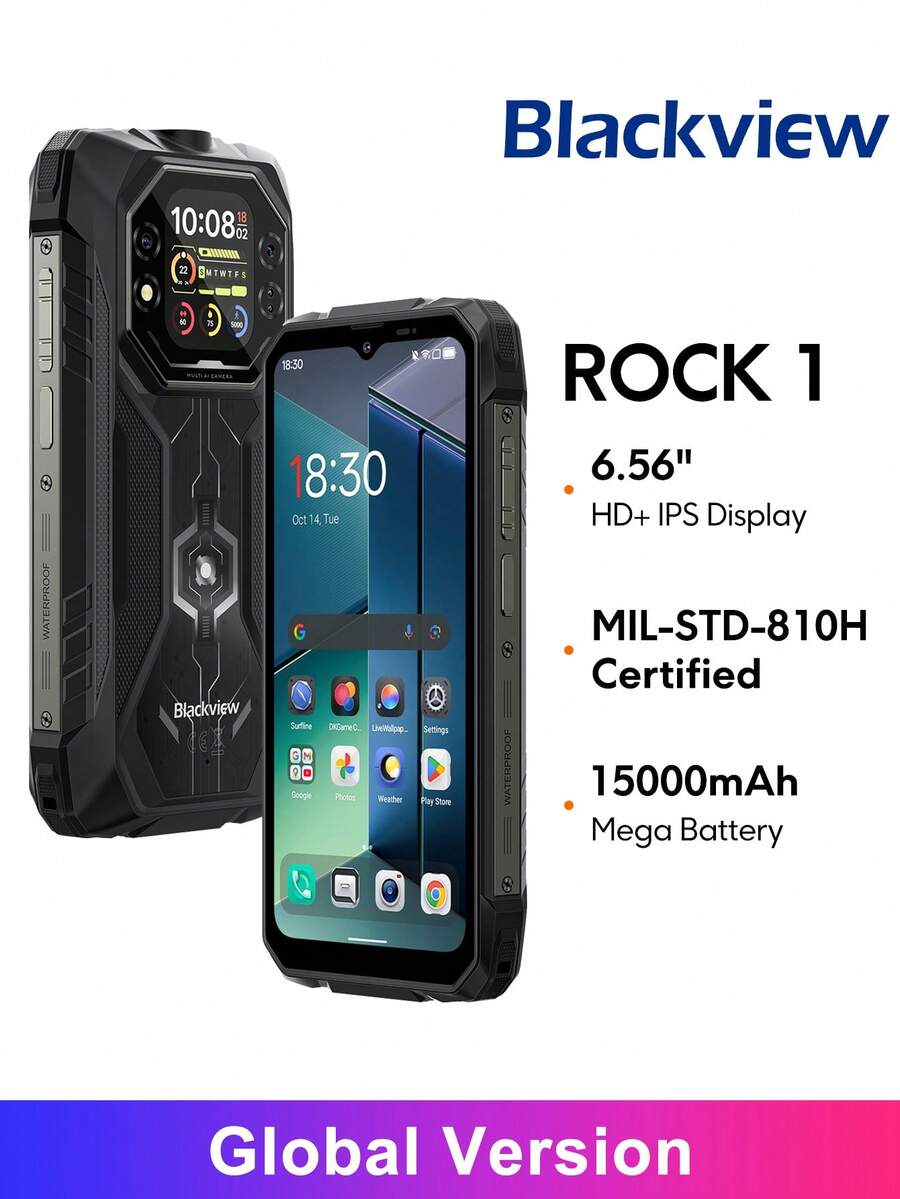 Blackview ROCK 1 4G NFC 強固型手機 全球版 6.56 吋主螢幕與 2.01 吋多功能副螢幕 八核心 MediaTek Helio G81 處理器 15000mAh 電池與 33W 快充 20MP Sony® 夜視相機 - 黑色 - 查看 1