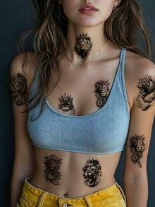 30 Peças Adesivos de Tatuagem Temporária Unissex, Tatuagens Temporárias 3D de Meia Manga Preta, Adesivos de Tatuagem de Terror de Halloween, Padrões de Leão, Lobo, Tigre, Caveira, Estilo Esboço - Preto e Branco - Visão 4