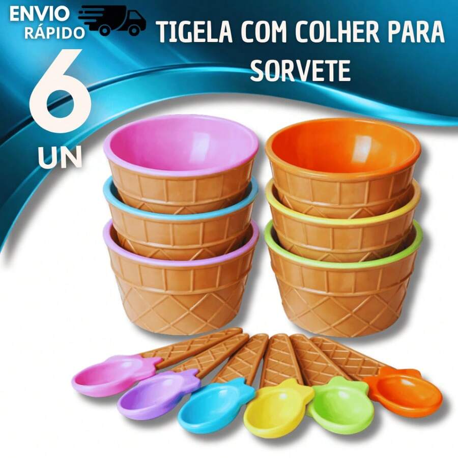 KIT 12 Tigela de Sorvete com Colher Açai Sorvetes Sobremesa Cores Sortidas Tigelas e Colheres Divertido Crianças Festa - kit 6 unidades - Visão 1