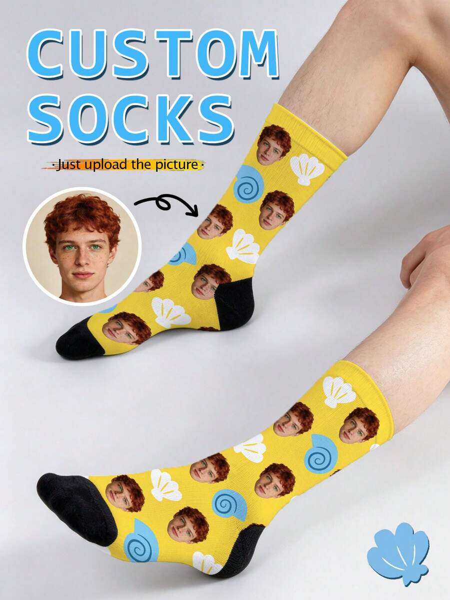 1 Pair Custom Face Print Socks,Seashell Conch Ocean Pattern Mid Calf Socks, Personalized Funny Photo Socks, Unisex Casual Summer Gift Socks - Multicolor - View 1