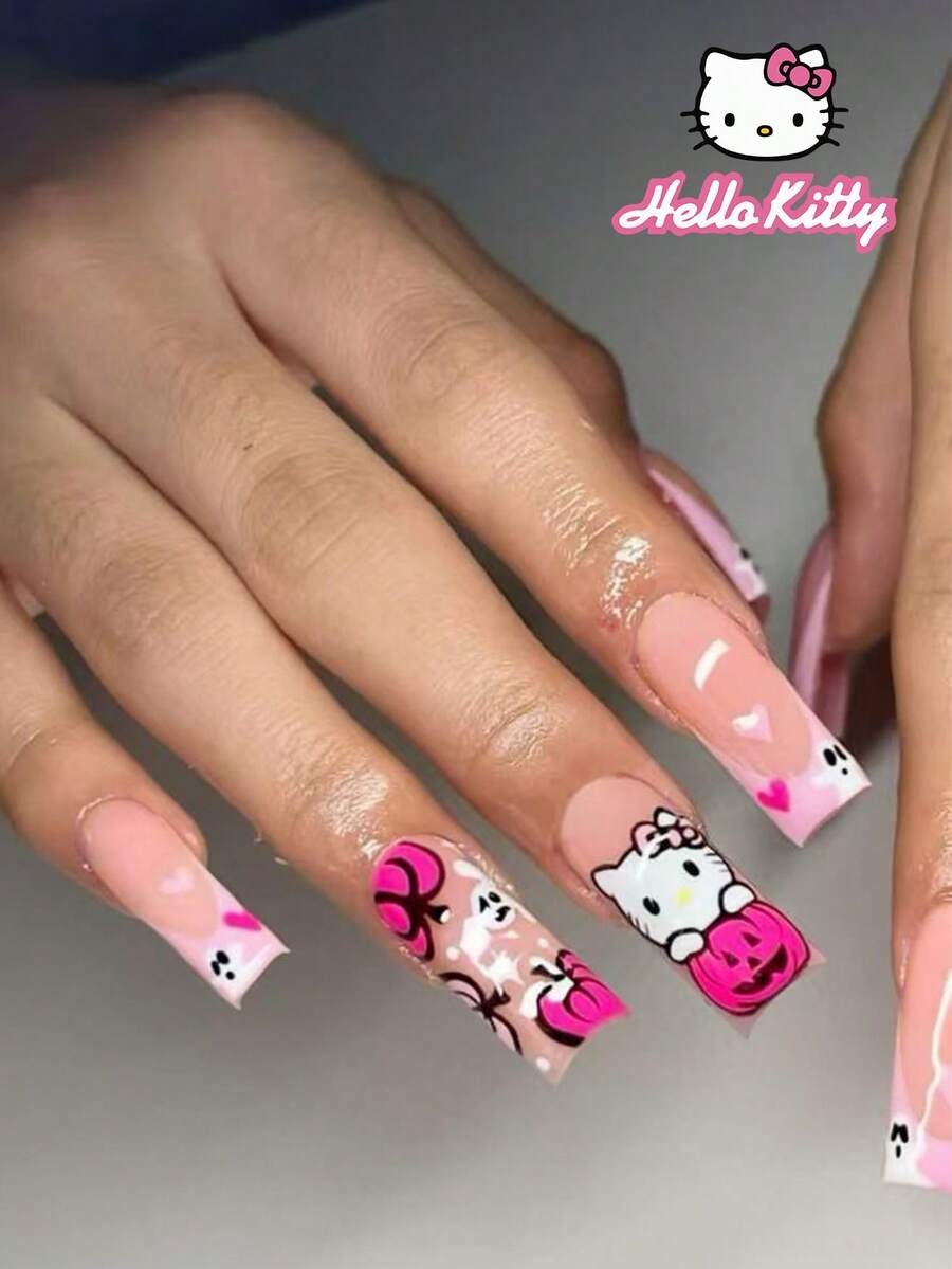 萬聖節 Sanrio Hello Kitty 24片 Y2K 中號方型法式指尖穿戴甲,可愛 3D Hello Kitty、幽靈、南瓜頭與愛心設計,完美貼合的壓克力假指甲套組,適合日常派對、聚會與特殊場合 - 彩色 - 查看 1