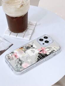 1pc American Retro Party Style Disco Ball Bow Cocktail Glass Pentagram Red Lips Pattern Mirror Full Coverage Soft Phone Case Suitable For IPhone 11/12/13/14/15/16/17 Pro Max - Multicolor - View 3