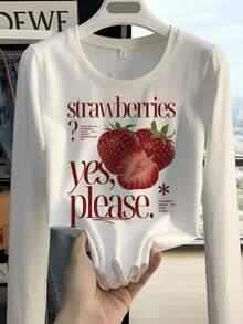 American Vintage Strawberry Print Fitted Long Sleeve Crew Neck Design Early Autumn Brightening Slimming Gentle Style Base Layer Top - White - View 4