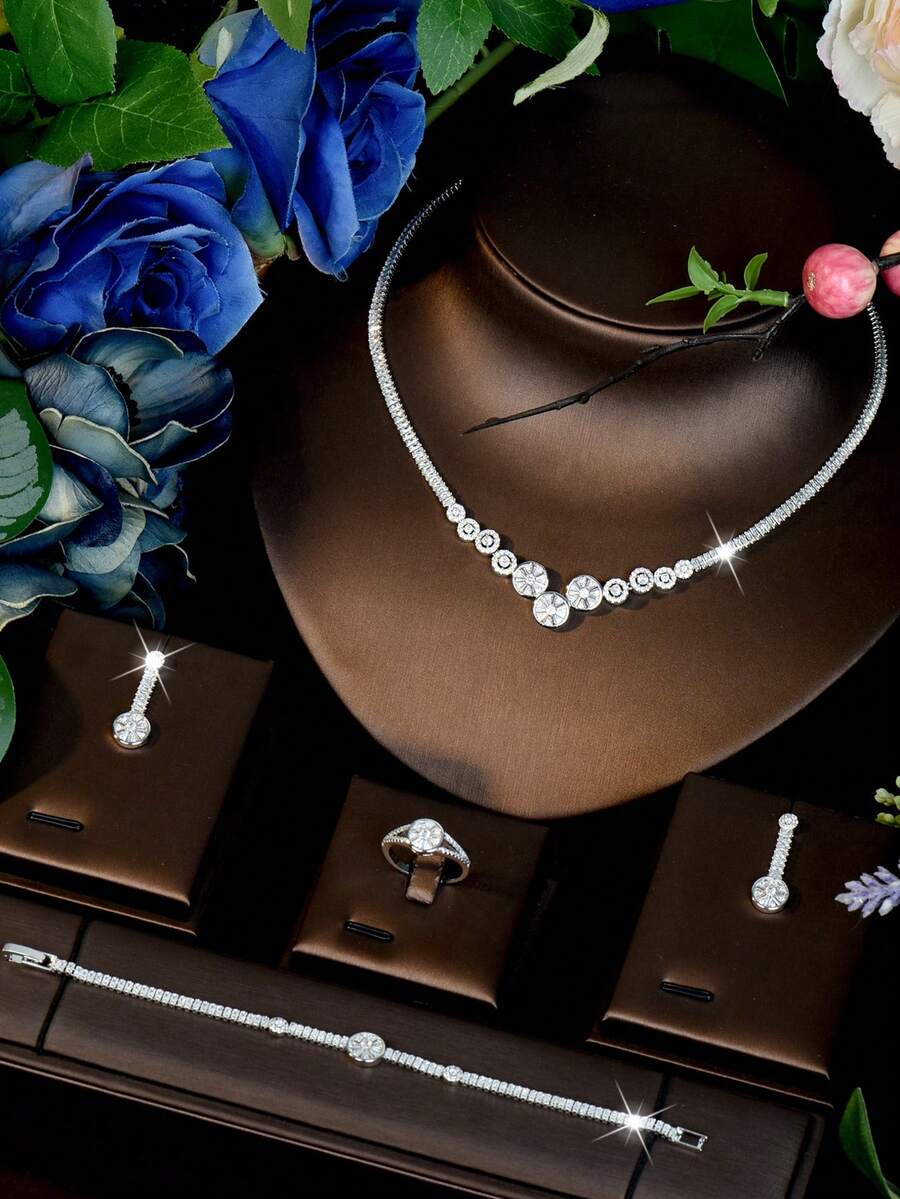1 Set Luxury Elegant Gradient Round High-Shine Cubic Zirconia Jewelry Set, High-End Cocktail Party Annual Meeting Award Ceremony Formal Occasion Matching Accessories - Silver - View 1