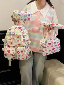 Dedoo Backpack Lunch Bag Two Pencil Cases 4Pcs,Colorful Floral Strawberry,No Pendant Clear Pocket Multi Layer Zipper Compartments,For Teen Girls SchoolDaily - Multicolor - View 3