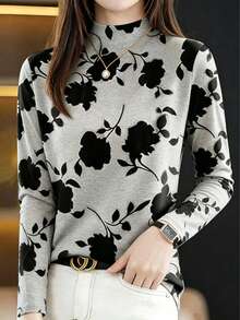 French Floral Half Collar Long Sleeve T-Shirt, Slimming Fitted Ink Wash Flower Print Versatile Commute Base Layer - Grey - View 1