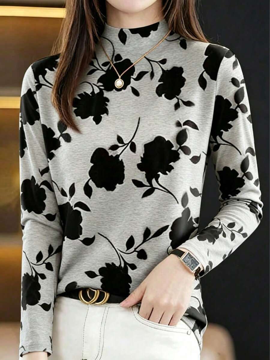 French Floral Half Collar Long Sleeve T-Shirt, Slimming Fitted Ink Wash Flower Print Versatile Commute Base Layer - Grey - View 1