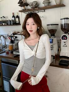 Spring/Autumn Korean Style Striped Long Sleeve T-Shirt For Women, Design Contrast Color V-Neck Knot Base Layer Top, 2 In 1 - White - View 6