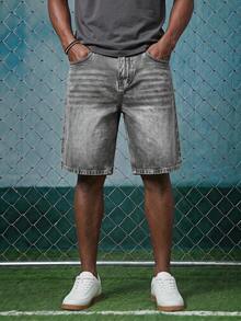 EVRINFINITE Mens Loose Denim Shorts, Distressed Gray Vintage Washed Wide Leg Jean Shorts, Hip Hop Streetwear Straight Mid Length Shorts - Grey - View 1
