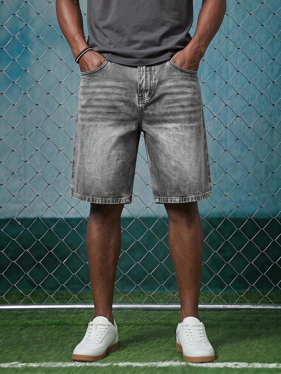 EVRINFINITE Mens Loose Denim Shorts, Distressed Gray Vintage Washed Wide Leg Jean Shorts, Hip Hop Streetwear Straight Mid Length Shorts - Grey - View 1