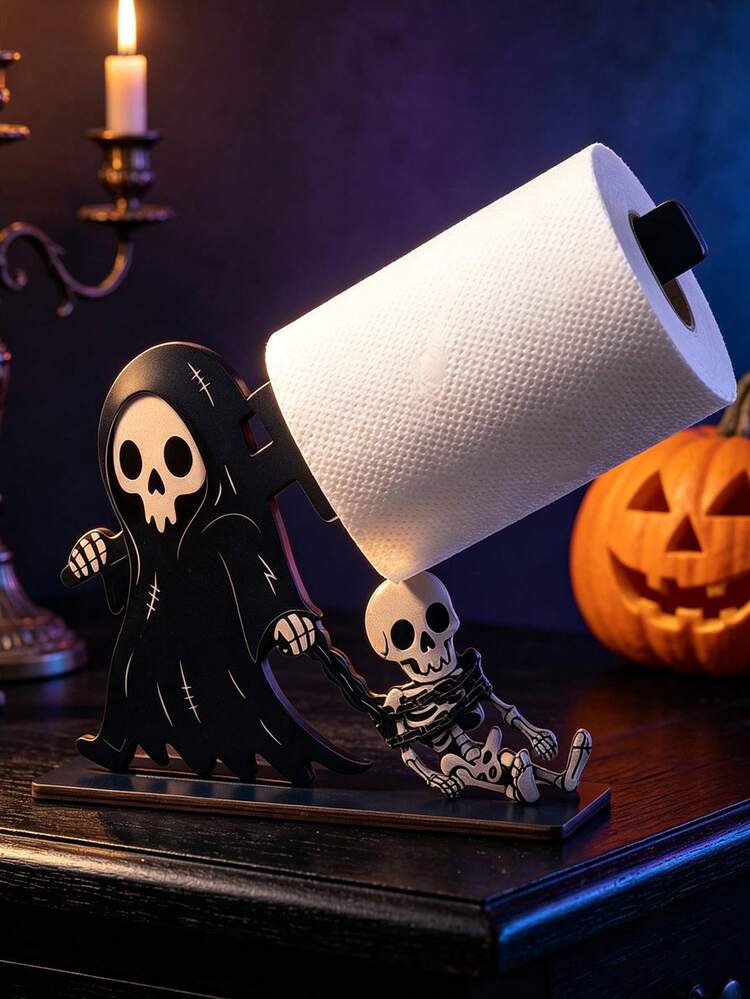 1 buah Tempat Tisu Kayu Tengkorak Hantu Gotik Dekorasi Halloween Dekorasi Rumah Pedesaan untuk Kamar Mandi Ruang Tamu Pesta - Hitam - View 2