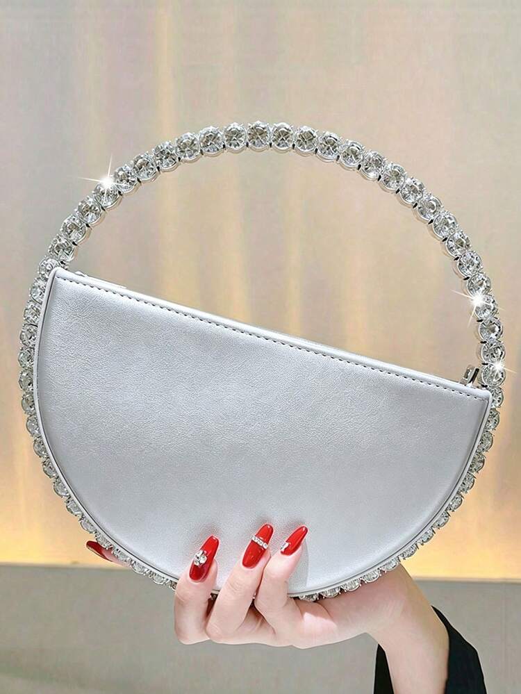 Classic Luxury Style Ladies' Artificial Leather Round Portable Elegant Temperament Handbag, Suitable For Parties, Dinners, Dances, Weddings. - Silver - View 8