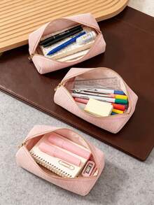 1pc Customized Initial Minimalist Large Capacity Pencil Case, Corduroy Material Multi-Functional Pencil Case, School Supplies, Pencil Bag, Office Supplies, Back To School Gift, Pencil Bag, Backpack - Multicolor - View 6