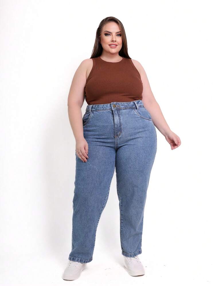Basic Plus Size Mom Jeans, High Waist, Casual, Simple, Pocket, Zipper, Button - Azul lavado medio - Añade 10