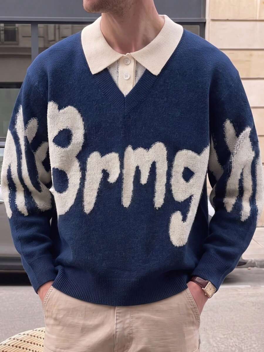 Men's Casual Patchwork Polo Collar Pullover Sweater, Loose Fit College Style, Spring/Autumn, Long Sleeve Top - Blue - View 1