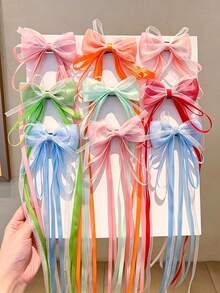 2pcs Macaron Color Satin Pearl Luster Tulle Long Ribbon Bow Hair Clips, Suitable For Children, Non-Slip Alligator Hair Clip Base, Multiple Colors Available, Children's Daily Accessories/Performance/Photography - Multicolor - View 2