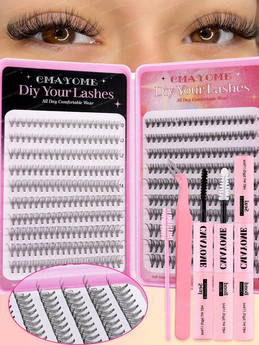 340/380/400pcs Mixed High-Density Eyelashes, DIY Natural Slim Eyelash Clusters, Easy To Wear, Reusable Single Eyelashes, Beautiful Eyelashes, Enlarged Eyes, Including Glue, Tweezers, Brushes, Suitable For Beginners, Back To School Season Eyelashes