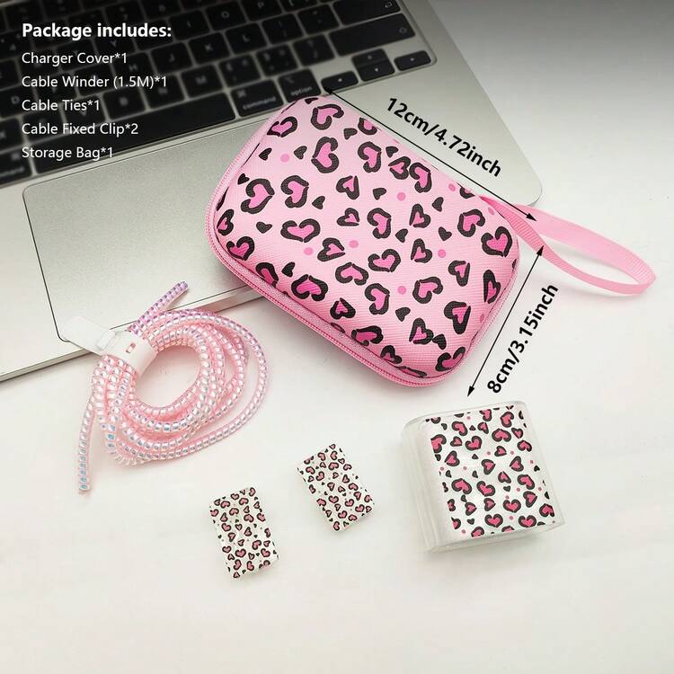 6pcs Pink Watercolor Heart & Leopard Print Data Cable Protector Set With Watercolor Heart & Leopard Print Storage Bag, Matching Pattern Charger Head Protector, Laser Gradient Data Cable & Cable Clip, Shockproof & Drop-Resistant Portable Handheld Storage Bag, Can Store Earphones & Fast Charging Power Bank, Gentle Style Student Commute All-In-One Data Cable Protection Set - View 5