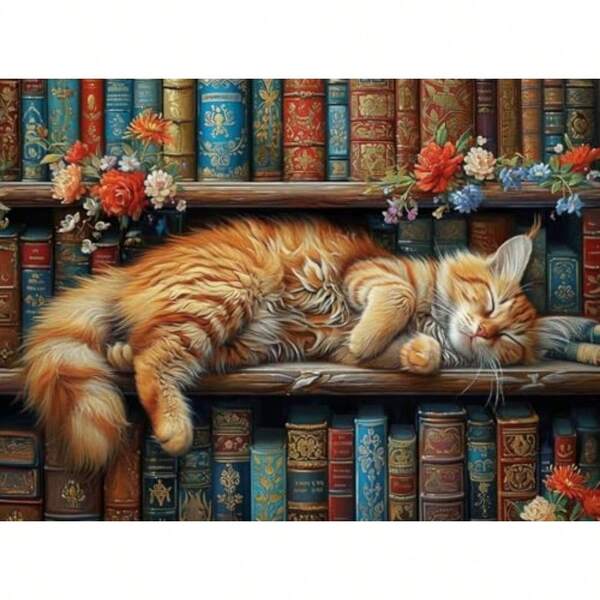 Kits de punto de cruz DIY contados y estampados para adultos, 4 patrones de punto de cruz con animales, gatos, flores y libros, kits de punto de cruz impresos para adultos con animales, gatos y libros