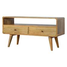 Solid Wood Curved Oak-Ish Media Unit, 2 Drawers And Open Slot, Brown On-Site - 1 - View 9