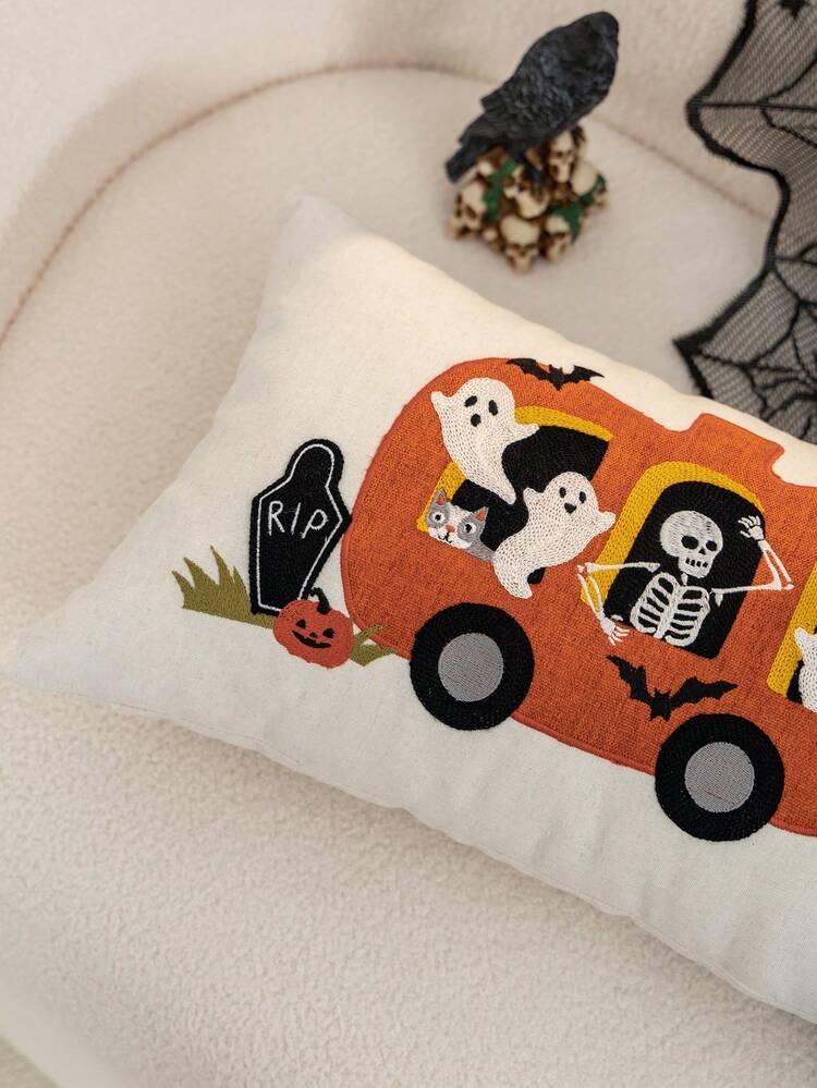 1pc Halloween Ghost & Bat Embroidered Pillowcase, Halloween Pumpkin Pillowcase, Suitable For Indoor Decor, Ghost Festival Decoration, All-Season Pillowcase, Without Insert - Orange - View 4