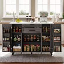 Mobile Kitchen Island Cart With Foldable Tabletop, Rolling Storage Trolley With Adjustable Shelves, Double Door Cabinets And 2 Drawers, Kitchen Storage Island With Towel Rack And Spice Rack For Dining Room, White, 129 X 46 (71) X 91 Cm - Grey - View 3