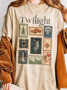 Vintage Twilight Movie Women T-Shirt, Retro Vampire And Wolves Graphic Tee, Y2K Oversized Classic 2000s Film Aesthetic Apparel, GothicHorror Romance - 杏色1 - 查看 1